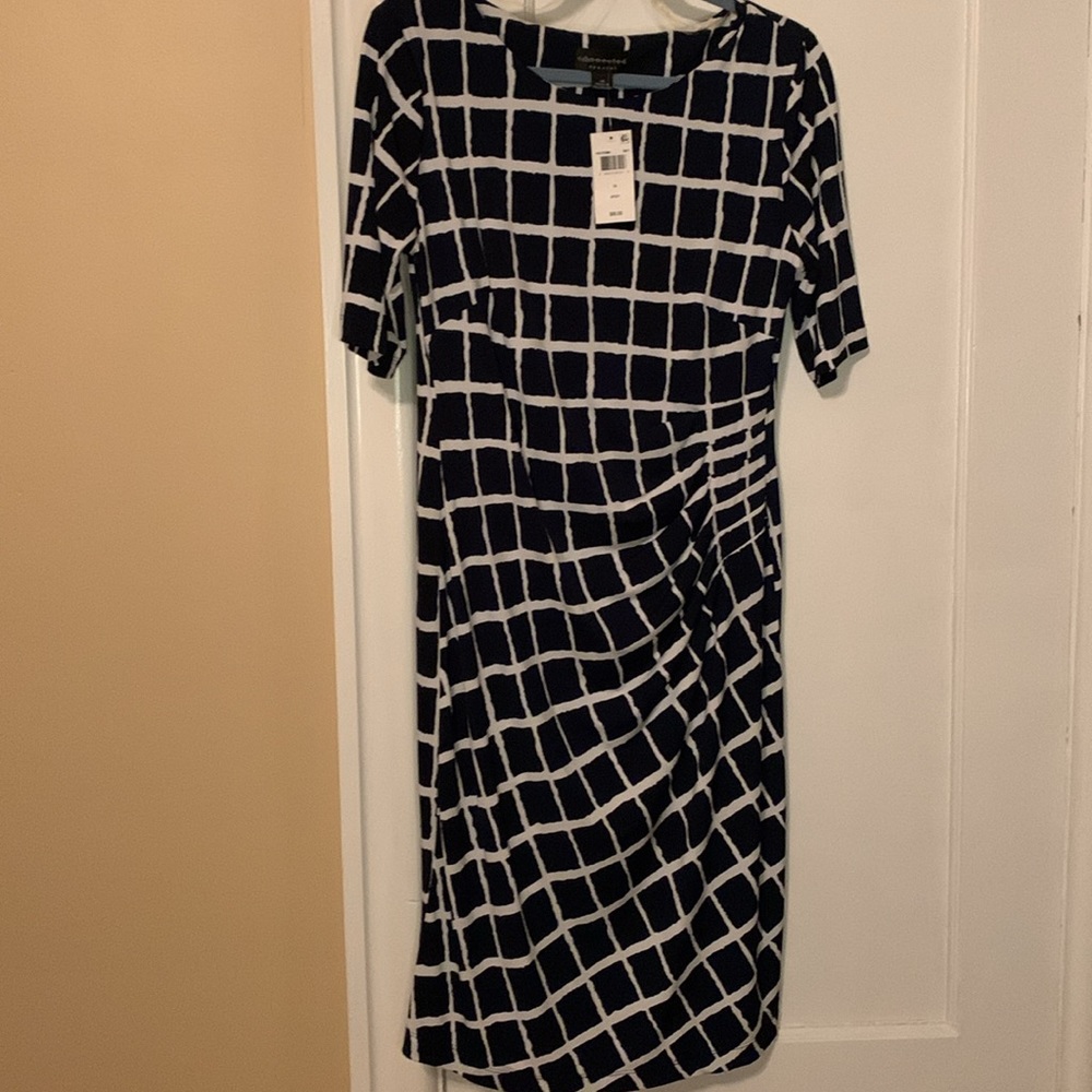 Connected Apparel Navy and White Grid Midi Dress NWT